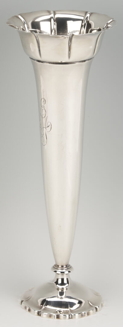 Lot 707: 4 Sterling Items: Oval Tray, Candlesticks, & Trumpet Vase