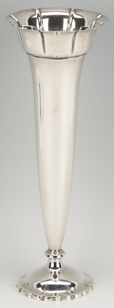 Lot 707: 4 Sterling Items: Oval Tray, Candlesticks, & Trumpet Vase