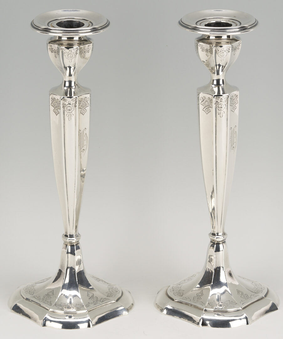 Lot 707: 4 Sterling Items: Oval Tray, Candlesticks, & Trumpet Vase