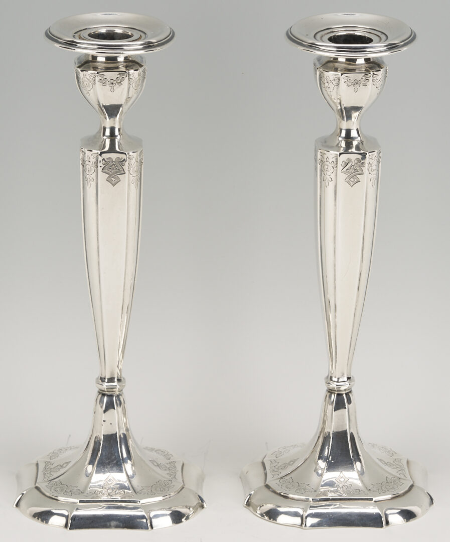 Lot 707: 4 Sterling Items: Oval Tray, Candlesticks, & Trumpet Vase