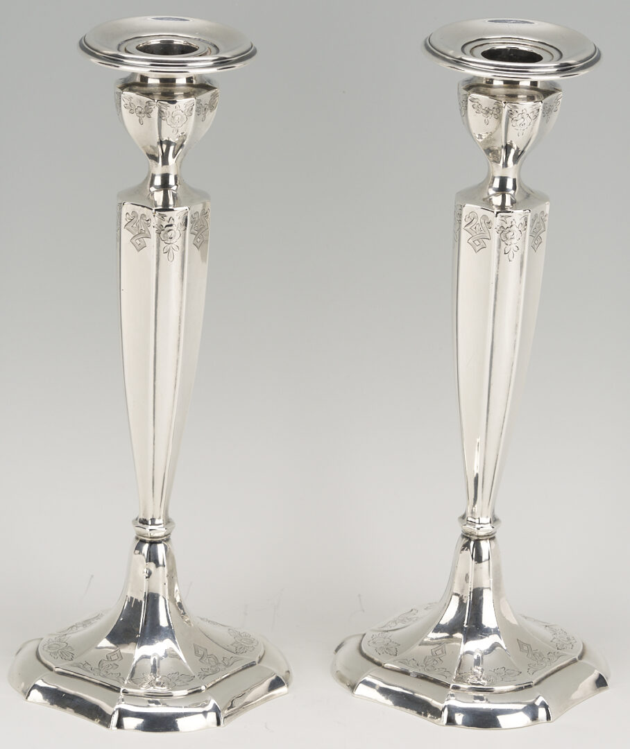 Lot 707: 4 Sterling Items: Oval Tray, Candlesticks, & Trumpet Vase