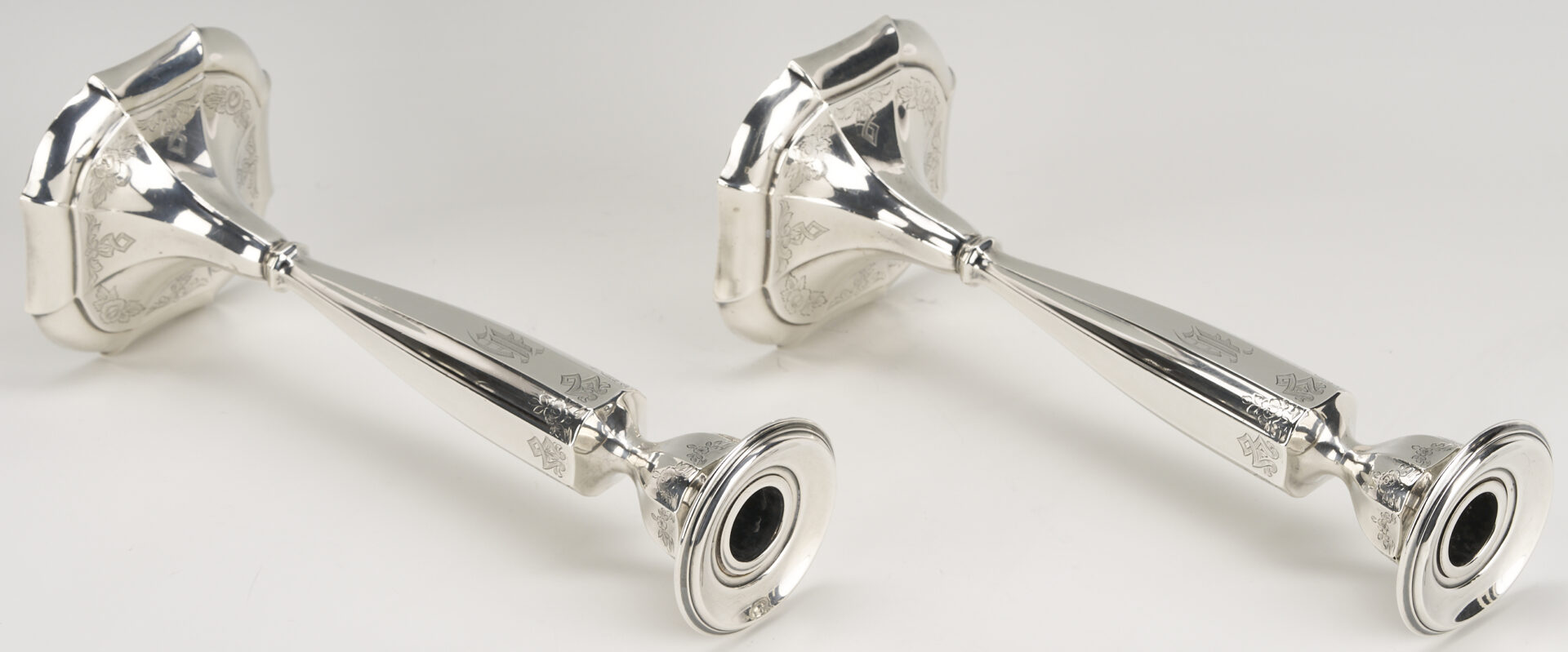 Lot 707: 4 Sterling Items: Oval Tray, Candlesticks, & Trumpet Vase