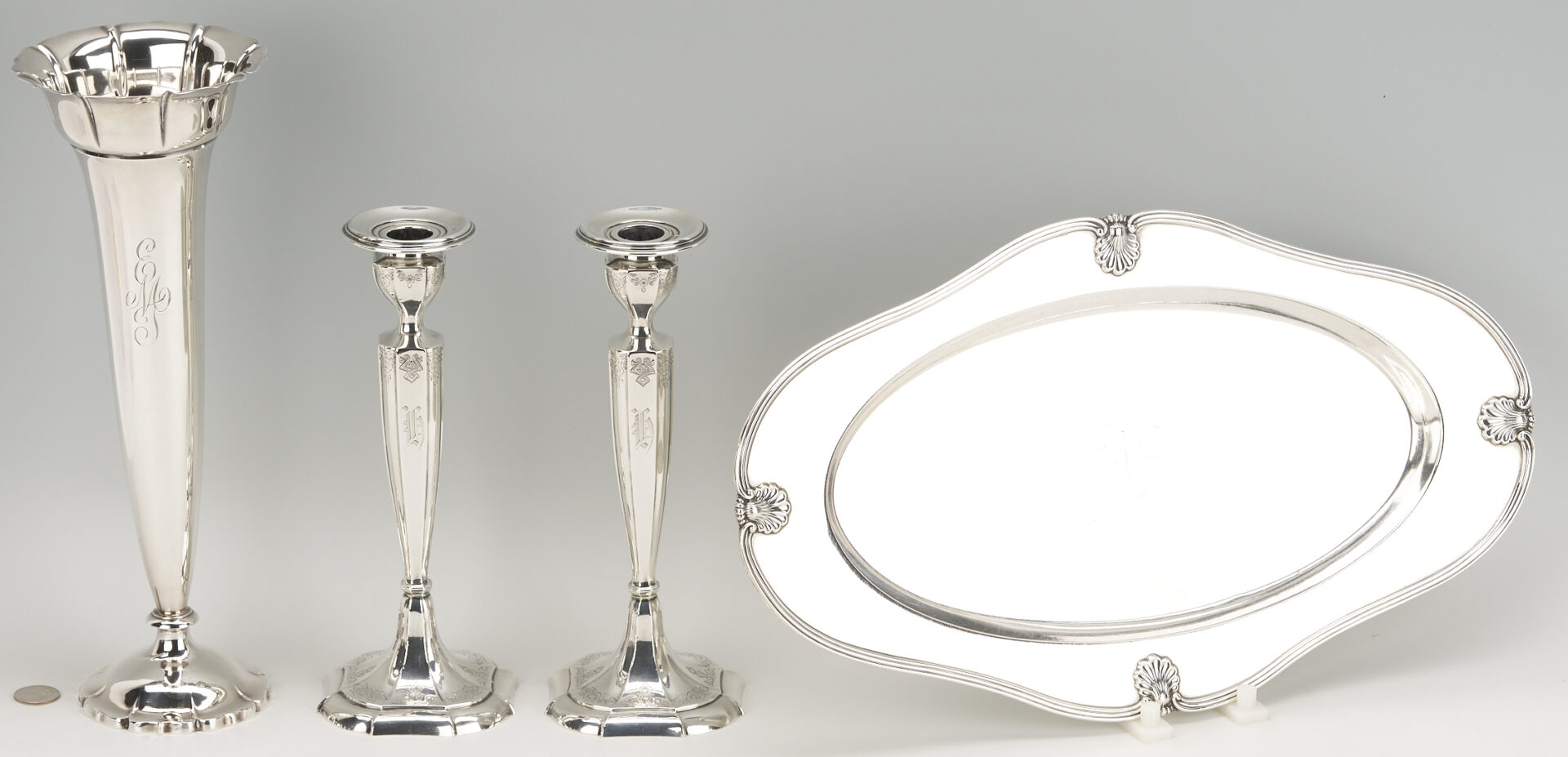 Lot 707: 4 Sterling Items: Oval Tray, Candlesticks, & Trumpet Vase