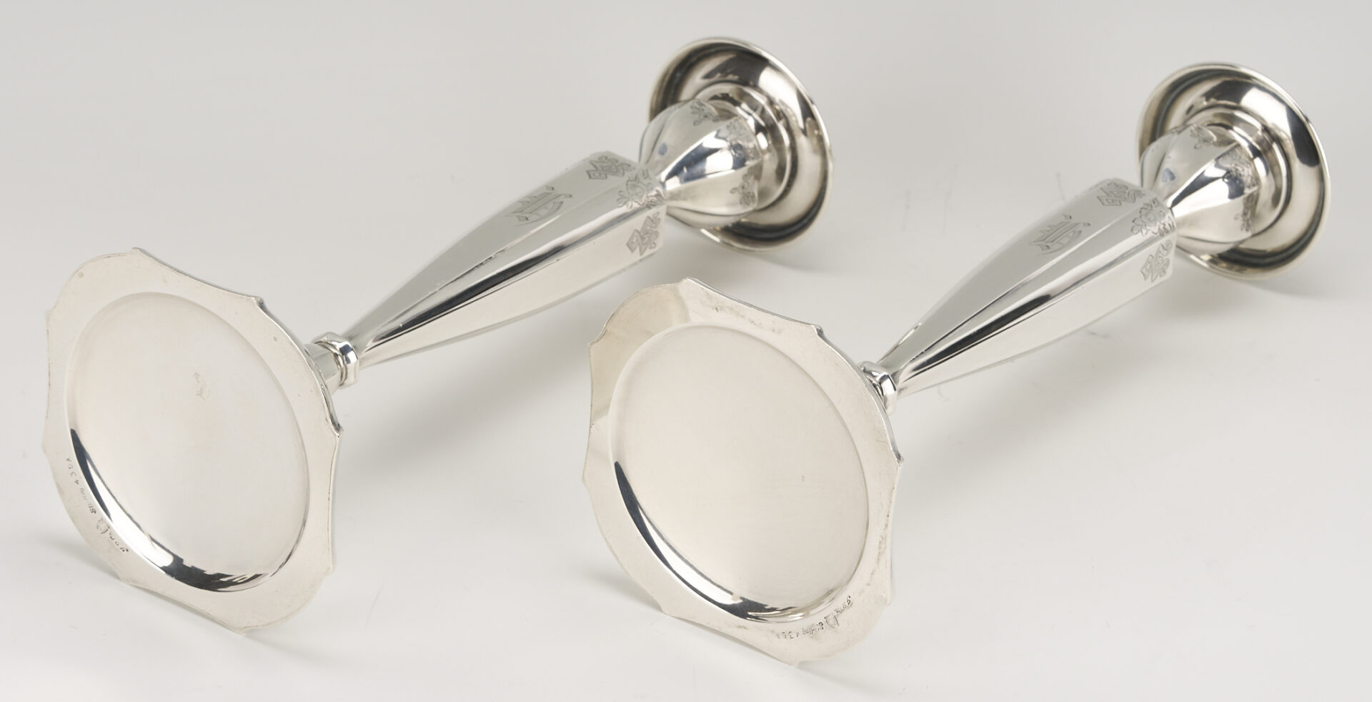 Lot 707: 4 Sterling Items: Oval Tray, Candlesticks, & Trumpet Vase