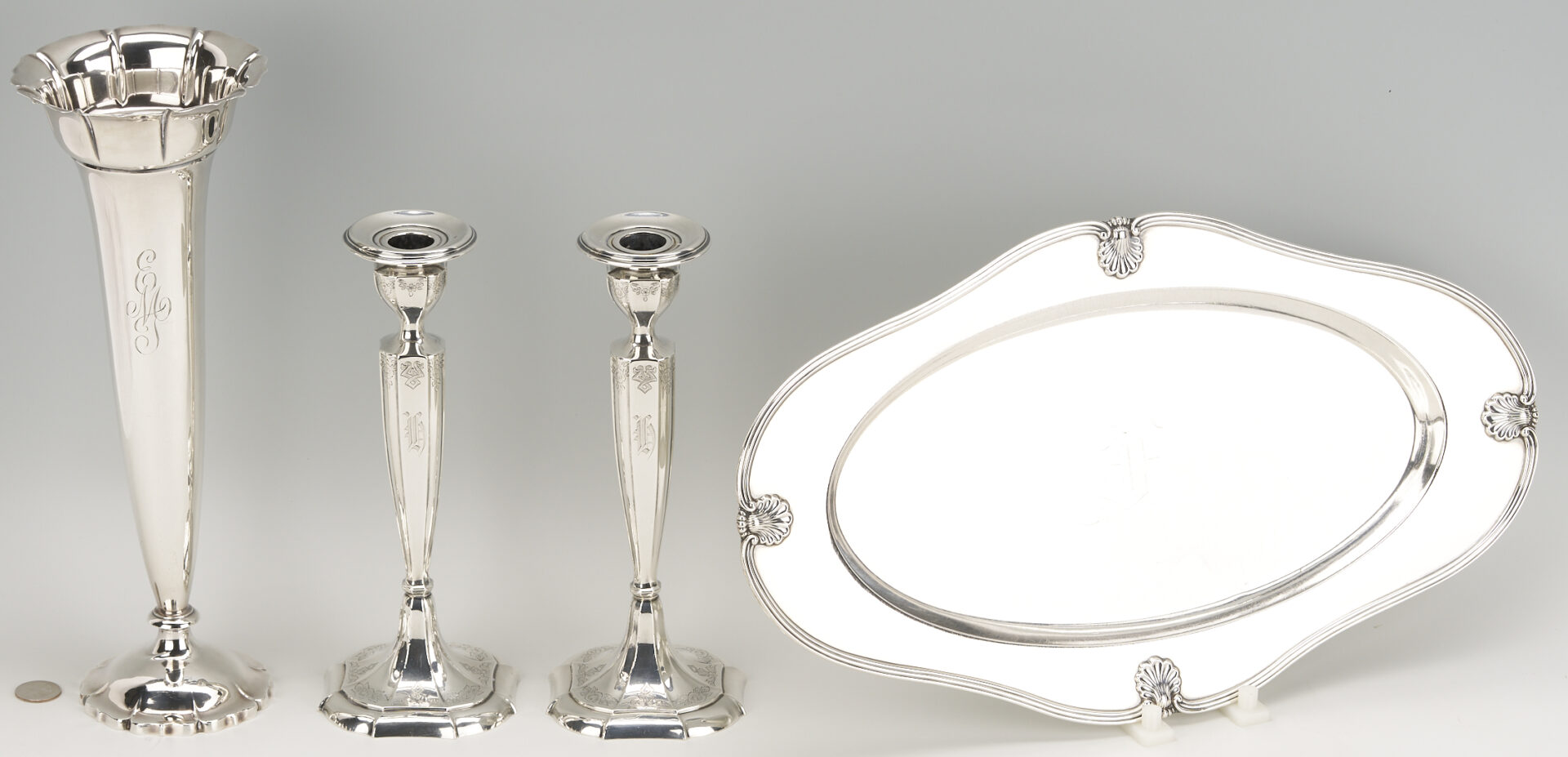Lot 707: 4 Sterling Items: Oval Tray, Candlesticks, & Trumpet Vase