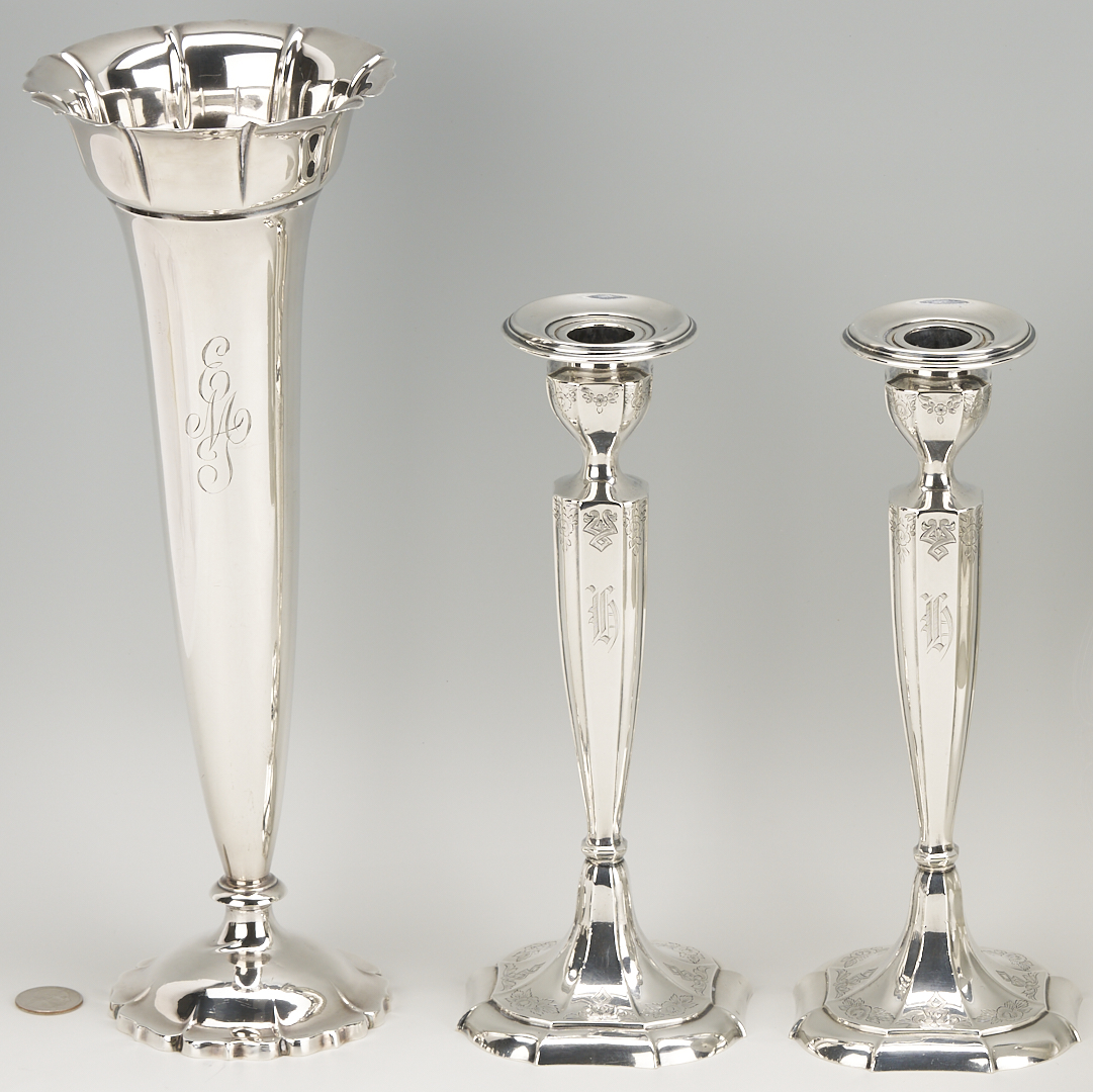 Lot 707: 4 Sterling Items: Oval Tray, Candlesticks, & Trumpet Vase