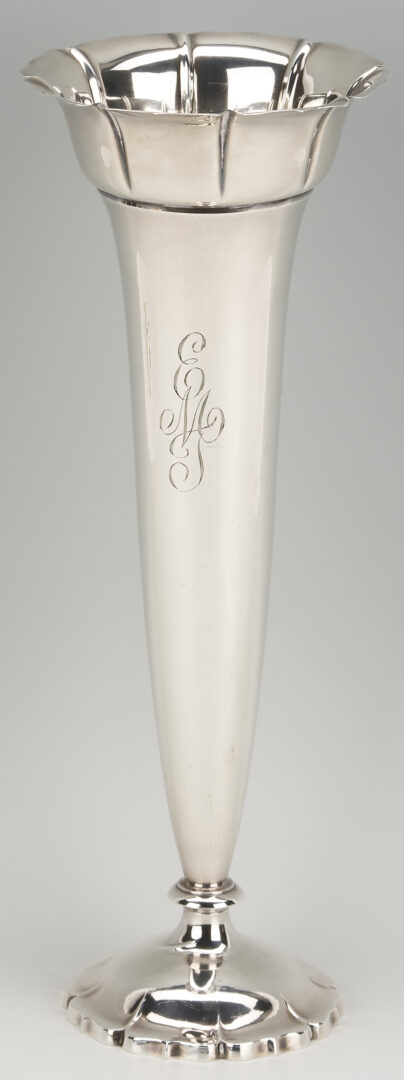 Lot 707: 4 Sterling Items: Oval Tray, Candlesticks, & Trumpet Vase