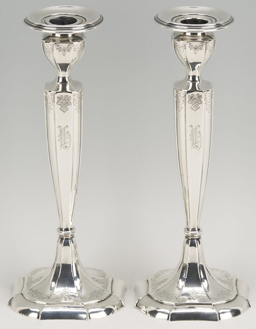 Lot 707: 4 Sterling Items: Oval Tray, Candlesticks, & Trumpet Vase