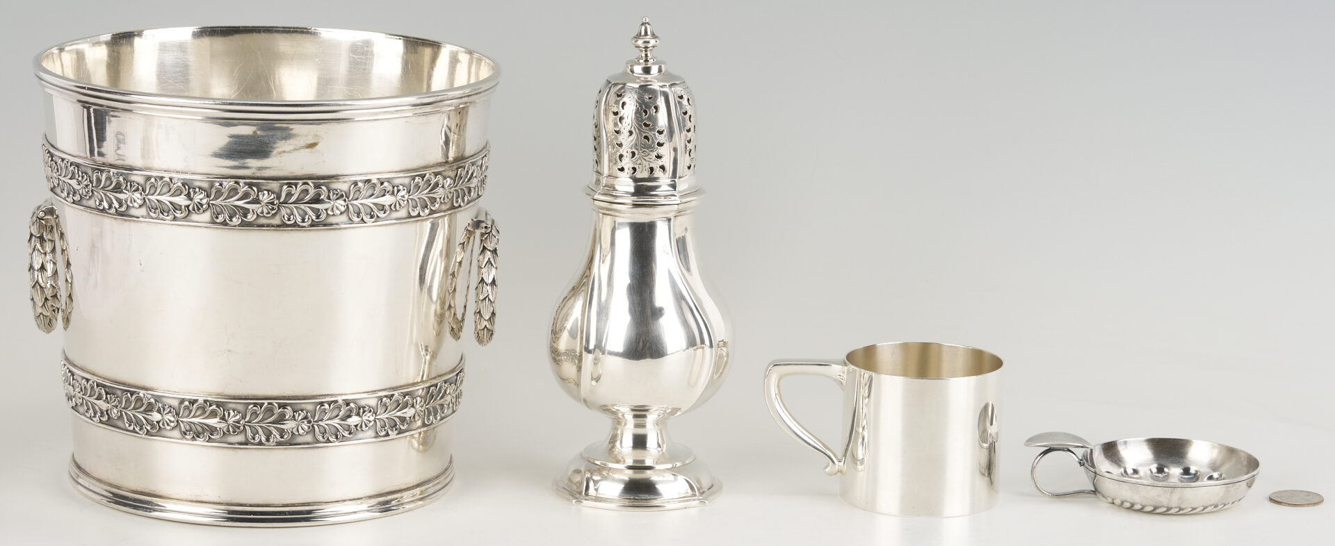 Lot 712: Sterling Caster & Mug Plus S/P Wine Cooler & Taster