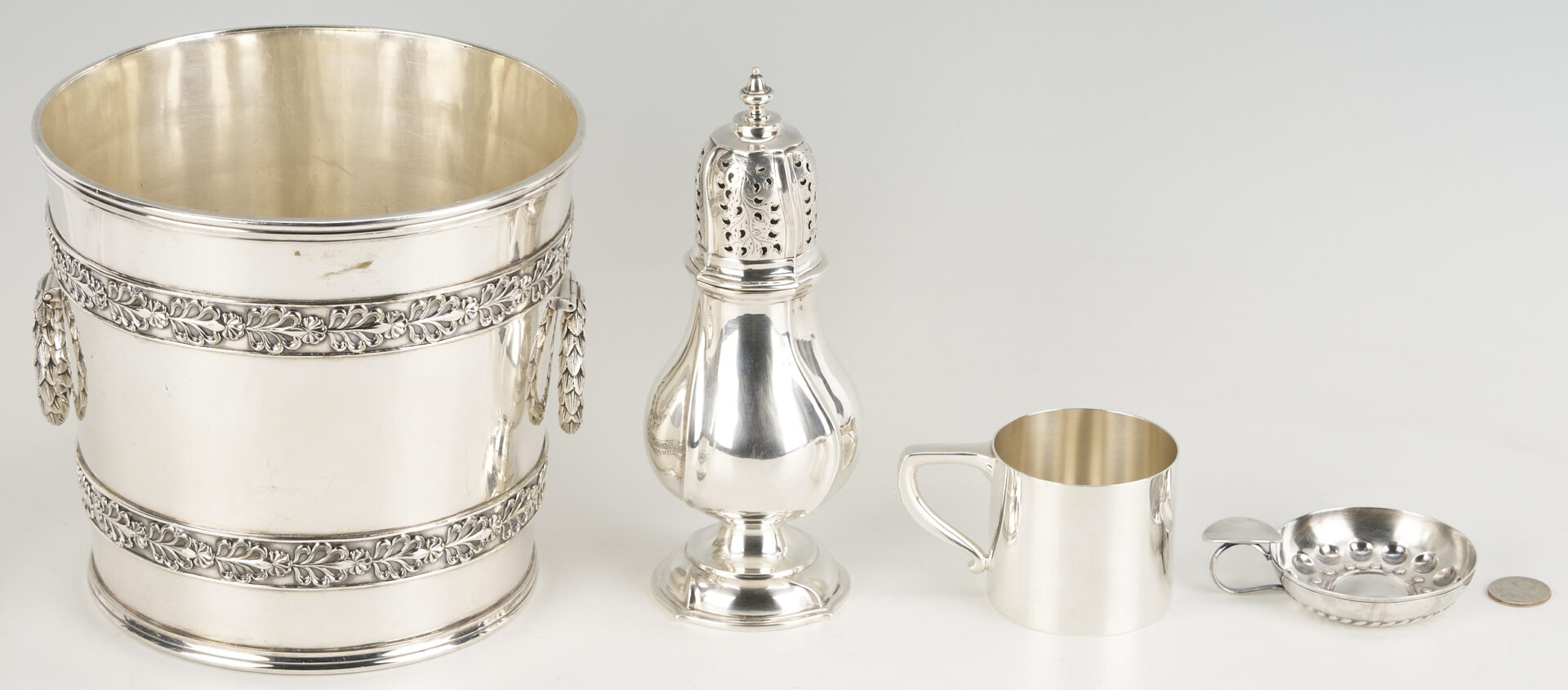 Lot 712: Sterling Caster & Mug Plus S/P Wine Cooler & Taster