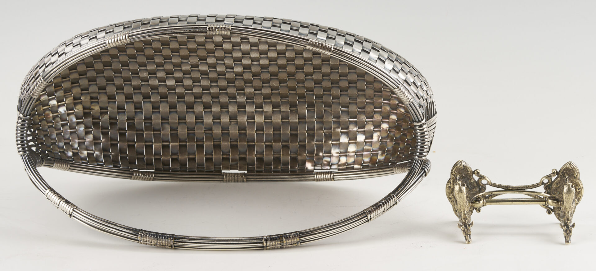 Lot 714: 4 pcs Silverplate: Plateau, Basket, Knife Rest, Tall Vase