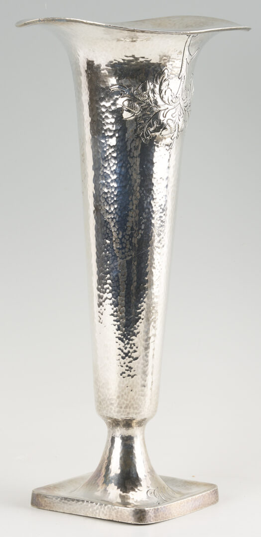 Lot 714: 4 pcs Silverplate: Plateau, Basket, Knife Rest, Tall Vase