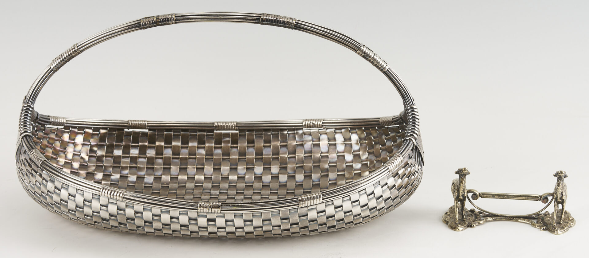 Lot 714: 4 pcs Silverplate: Plateau, Basket, Knife Rest, Tall Vase