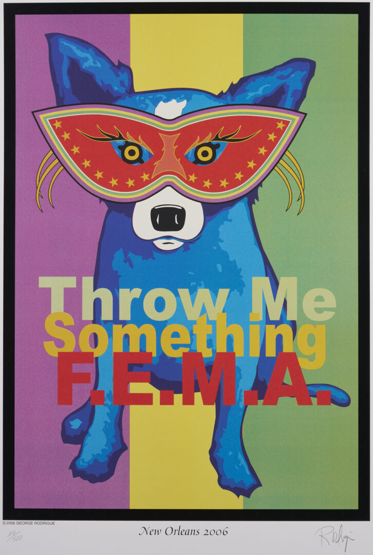 Lot 716: George Rodrigue Blue Dog Poster, Throw Me Something FEMA