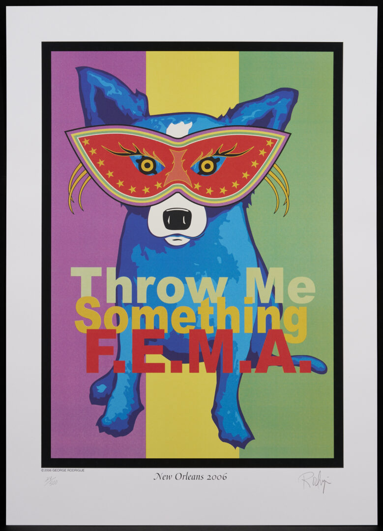 Lot 716: George Rodrigue Blue Dog Poster, Throw Me Something FEMA