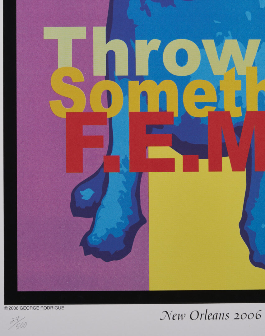 Lot 716: George Rodrigue Blue Dog Poster, Throw Me Something FEMA