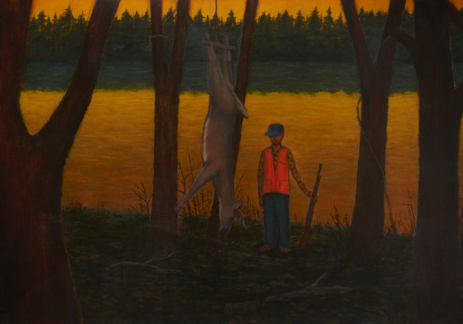 Lot 717: Large David Mah O/C Hunting Scene Painting, First Deer