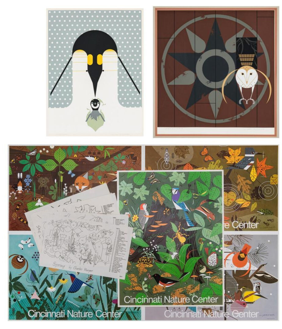 Lot 741: 2 Charley Harper Serigraphs, Hexit & Brrr Day, Plus 5 Signed Posters