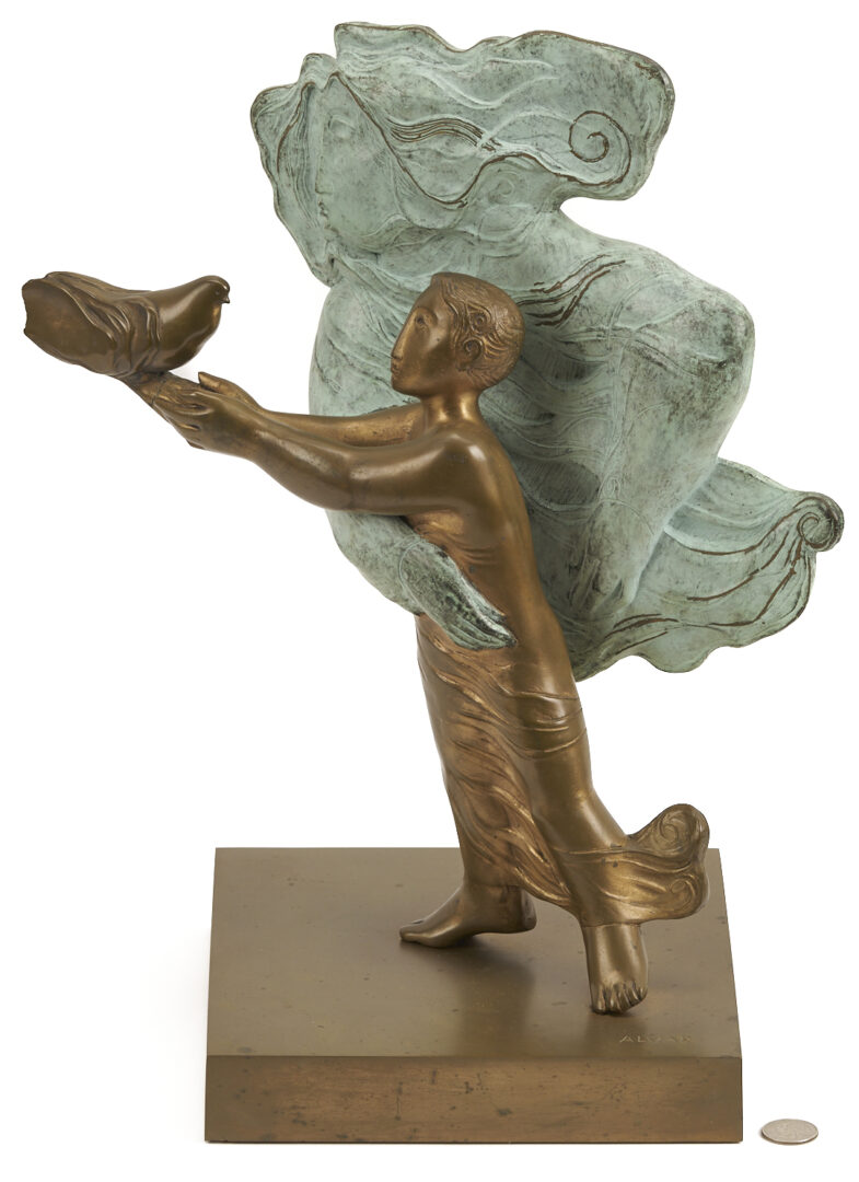 Lot 746: Alvar Bronze Sculpture, Boy with Dove, “Comencament”