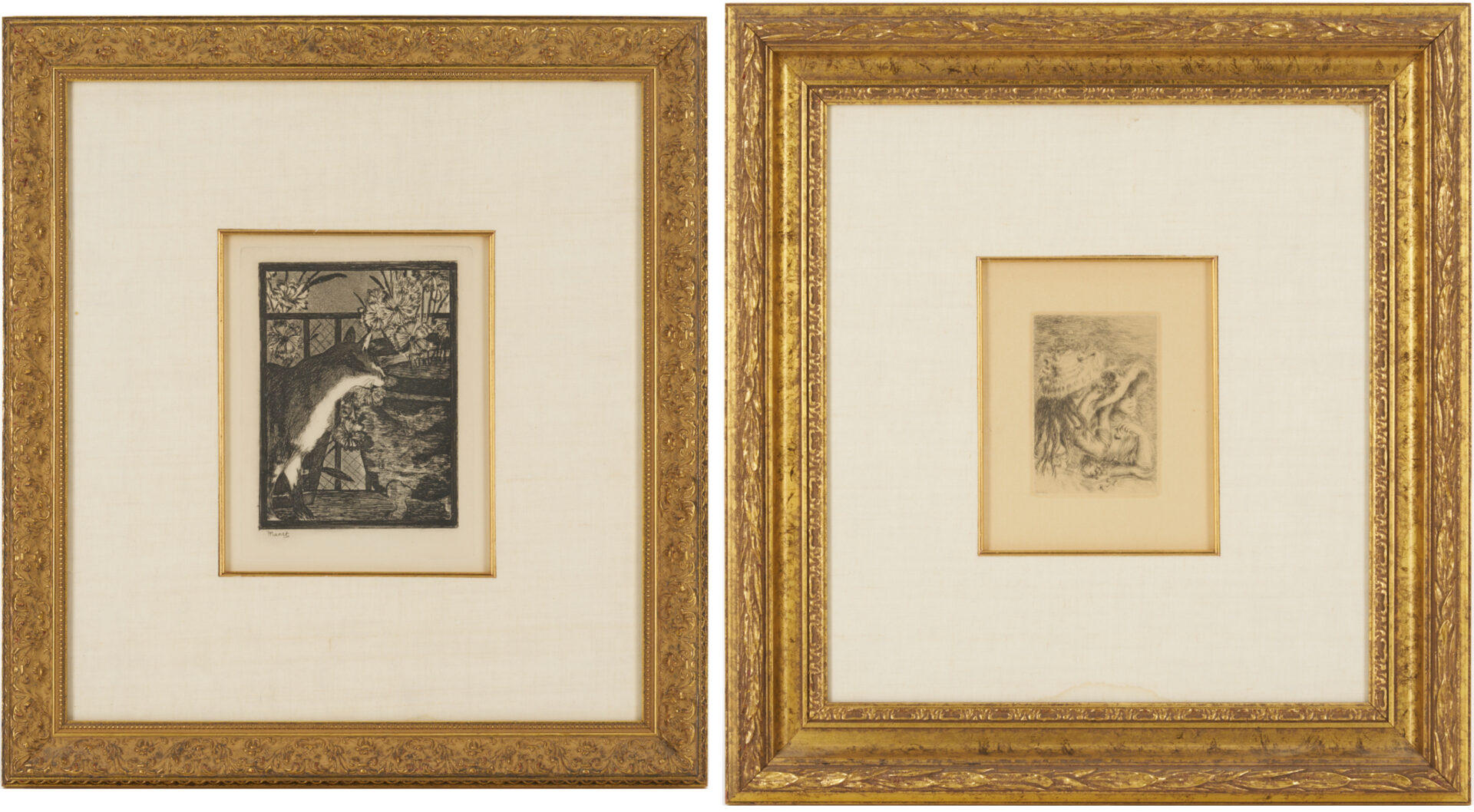 Lot 747: 2 Impressionist Etchings: Manet, Chat et les Fleurs & Renoir, Le Chapeau Epingle