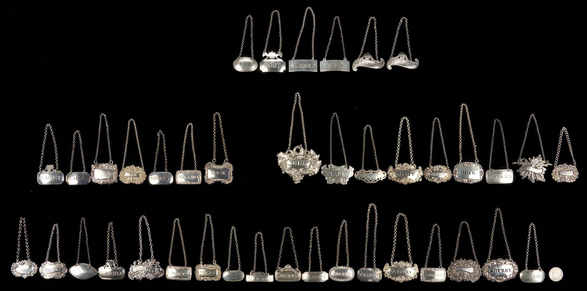 Lot 74: 40 Antique British Sterling Silver Wine Labels