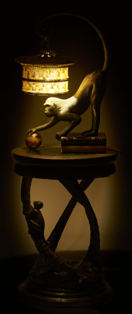 Lot 751: Maitland Smith Bronze Monkey Lamp & Associated Table