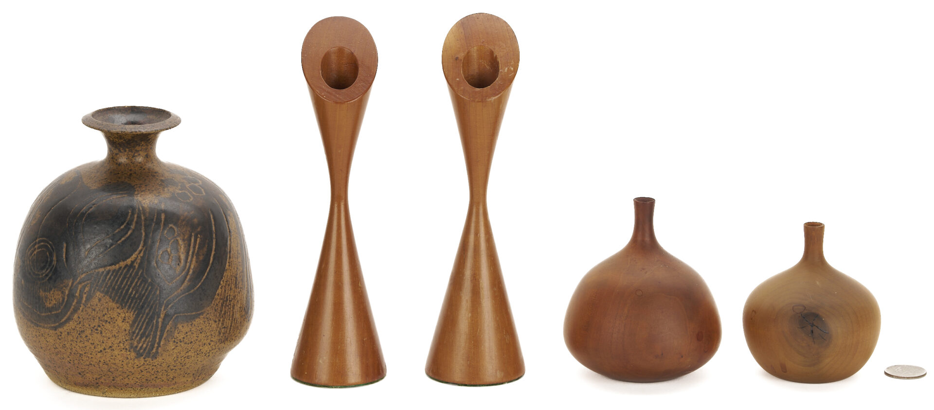 Lot 753: 2 Rude Osolnik Wood Vases, 2 Candle Holders, 1 Charles Counts Vase