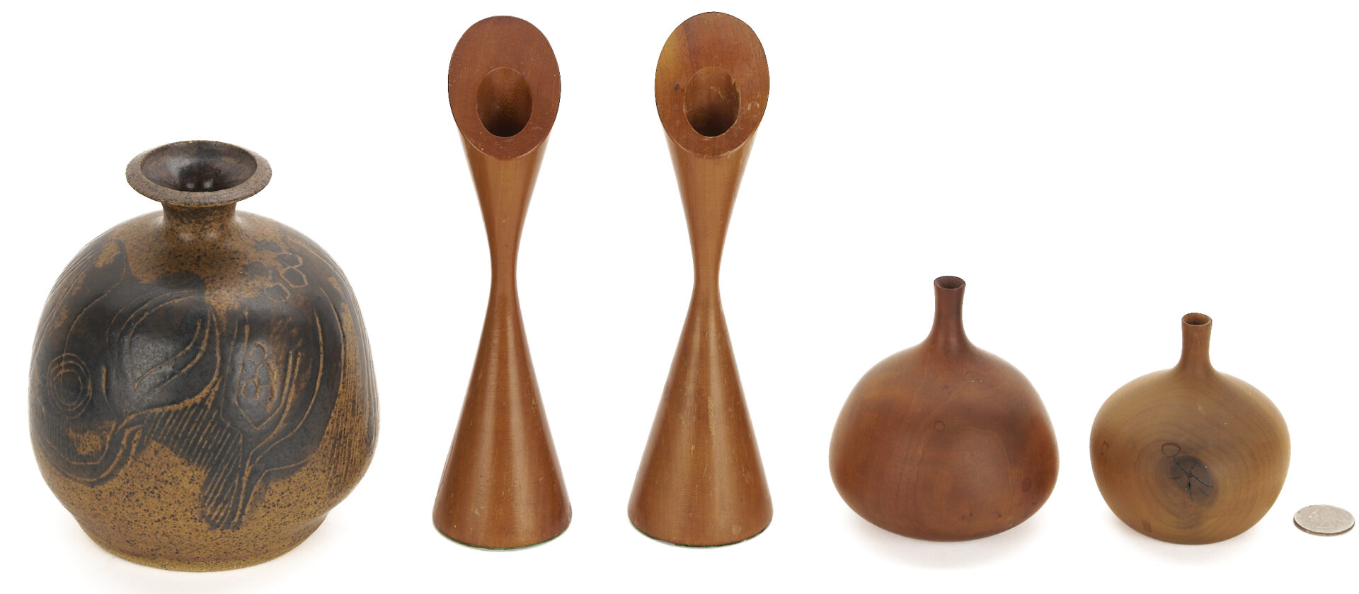 Lot 753: 2 Rude Osolnik Wood Vases, 2 Candle Holders, 1 Charles Counts Vase