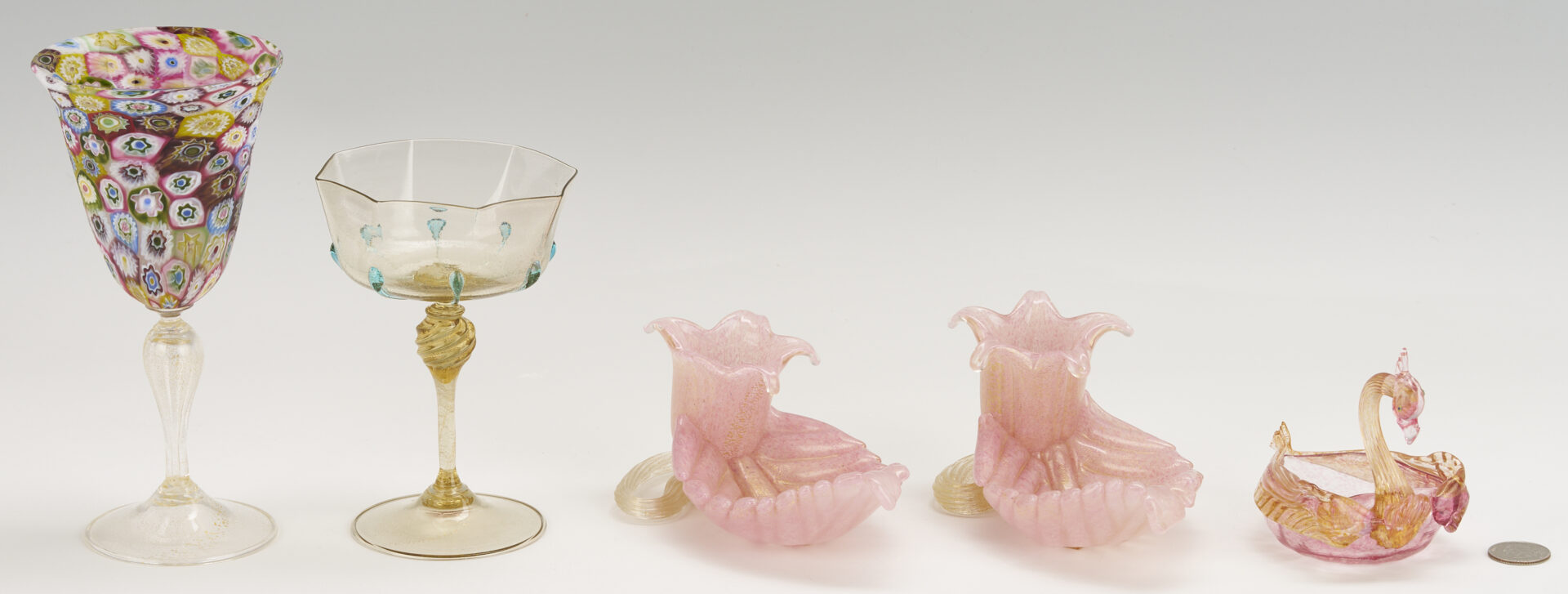 Lot 761: Pr. Barovier & Toso Leaf Bowls, Venetian Goblet, Swan, and Millefiori Goblet