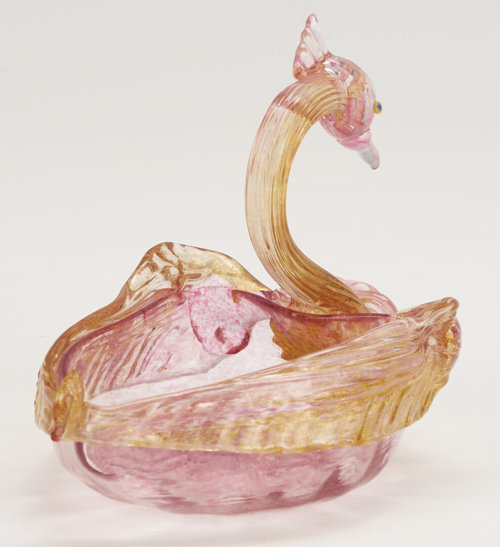 Lot 761: Pr. Barovier & Toso Leaf Bowls, Venetian Goblet, Swan, and Millefiori Goblet