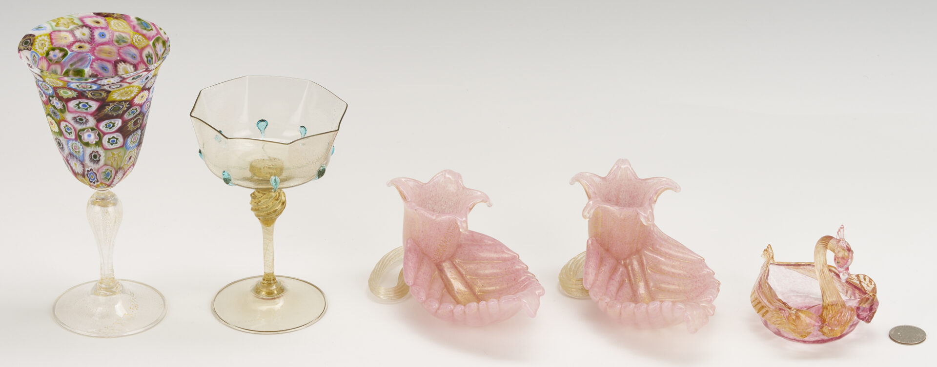 Lot 761: Pr. Barovier & Toso Leaf Bowls, Venetian Goblet, Swan, and Millefiori Goblet