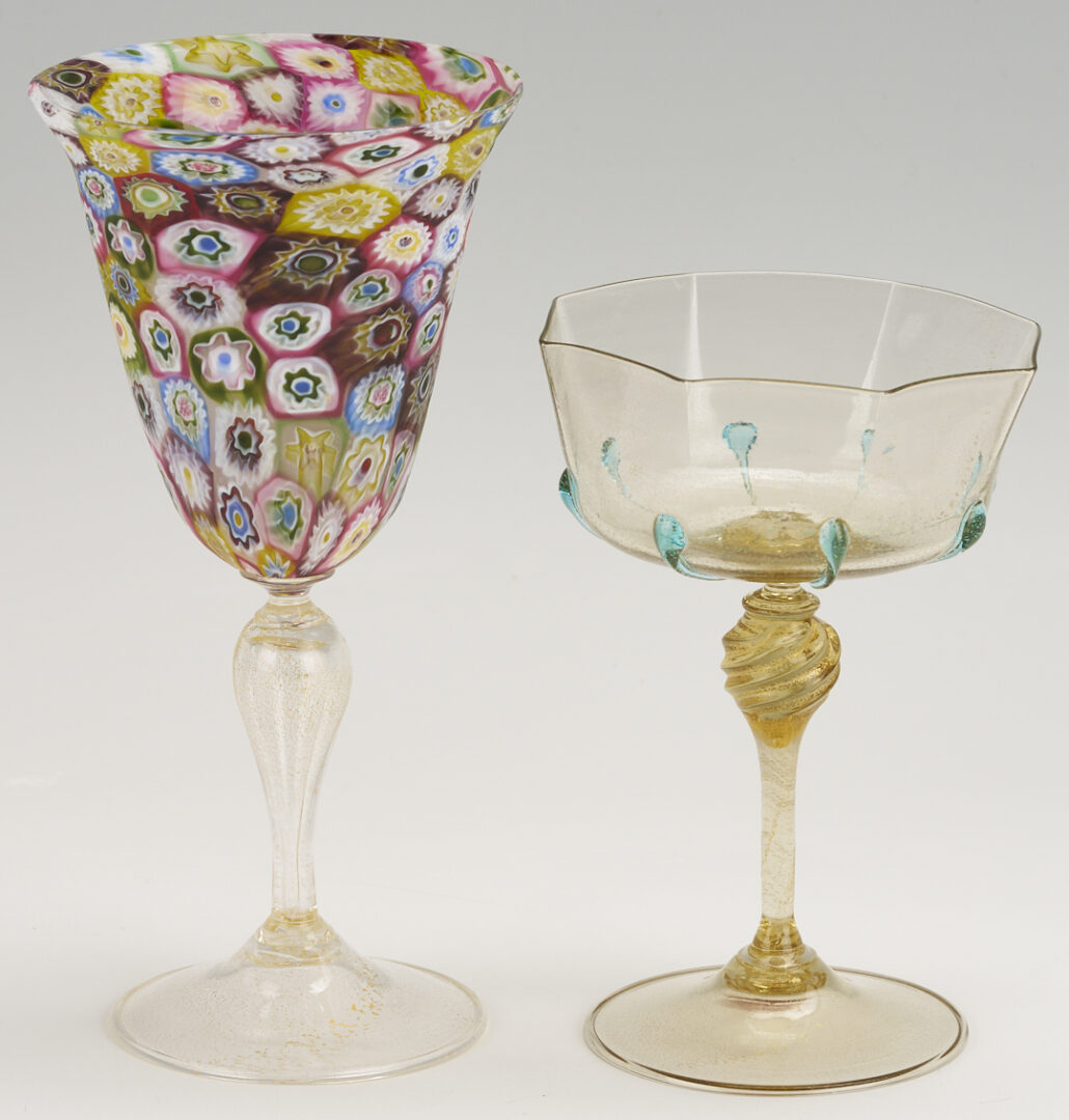 Lot 761: Pr. Barovier & Toso Leaf Bowls, Venetian Goblet, Swan, and Millefiori Goblet