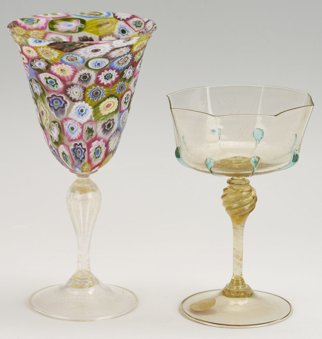 Lot 761: Pr. Barovier & Toso Leaf Bowls, Venetian Goblet, Swan, and Millefiori Goblet
