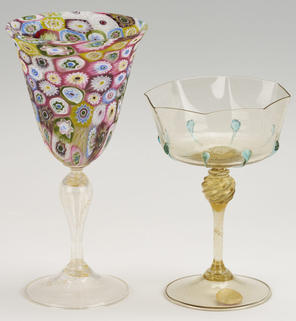 Lot 761: Pr. Barovier & Toso Leaf Bowls, Venetian Goblet, Swan, and Millefiori Goblet