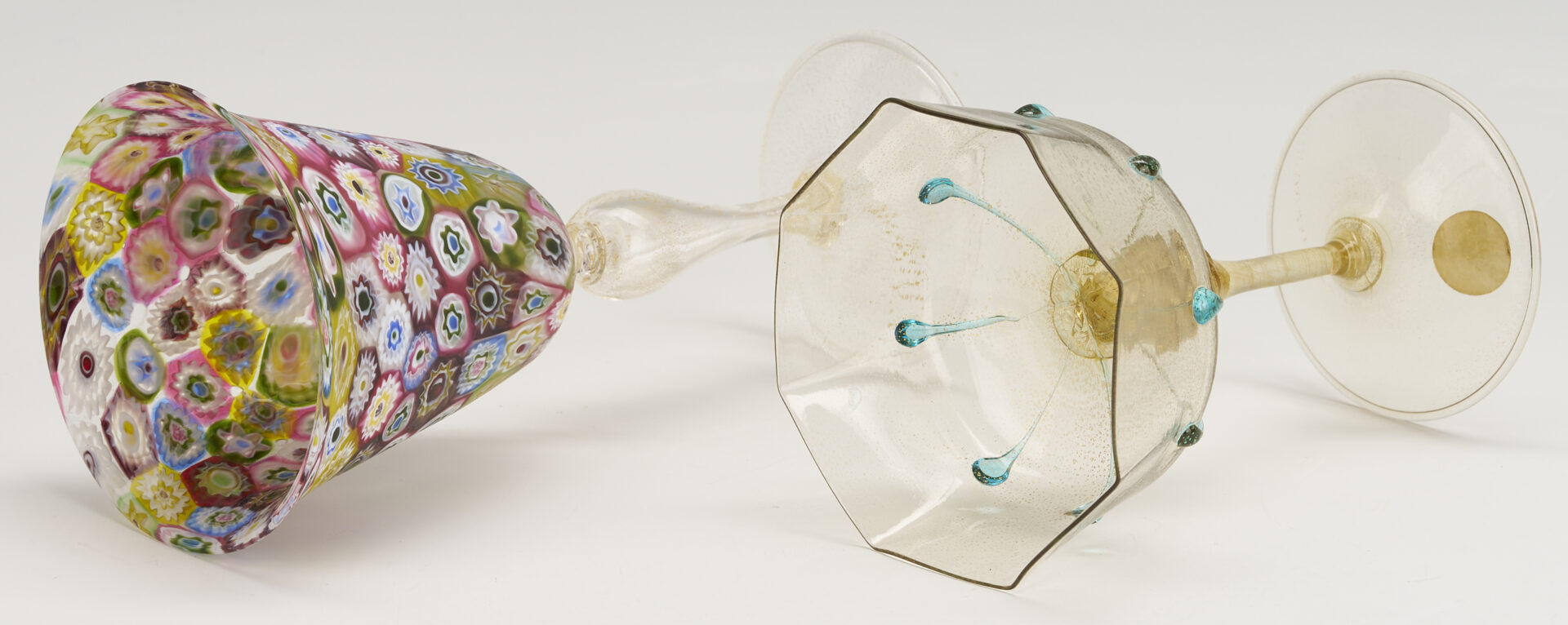 Lot 761: Pr. Barovier & Toso Leaf Bowls, Venetian Goblet, Swan, and Millefiori Goblet
