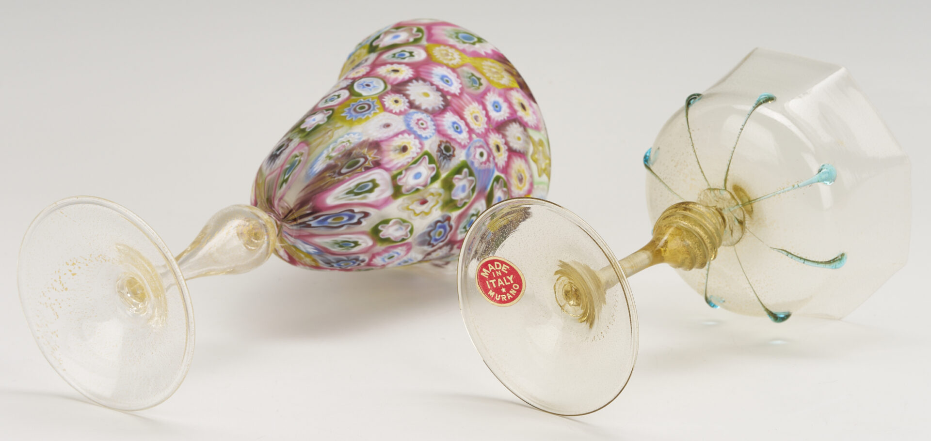 Lot 761: Pr. Barovier & Toso Leaf Bowls, Venetian Goblet, Swan, and Millefiori Goblet