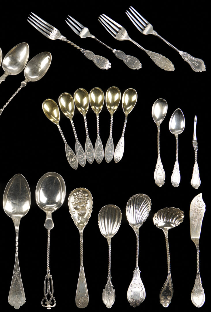 Lot 76: 36 Pcs. Twist Handle Coin Silver Flatware Incl. Ice Cream Spoons