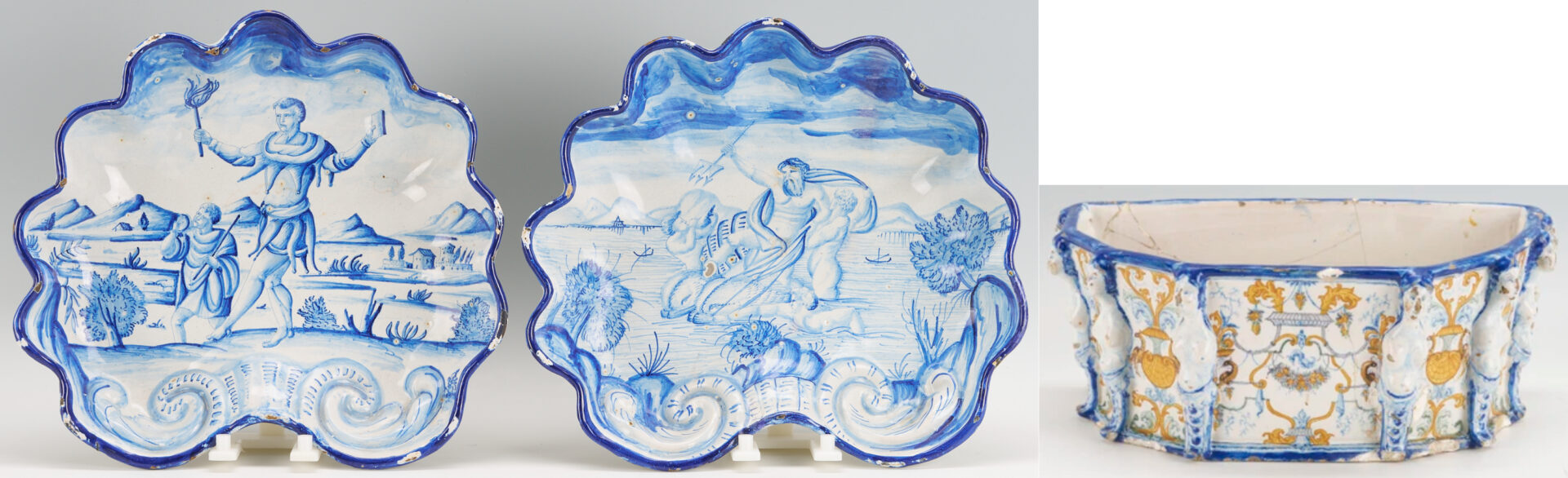Lot 773: 2 Blue & White Majolica Shell Form Bowls plus Faience Jardiniere