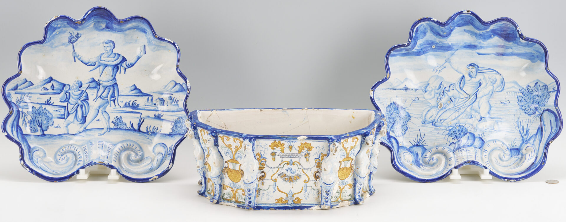 Lot 773: 2 Blue & White Majolica Shell Form Bowls plus Faience Jardiniere