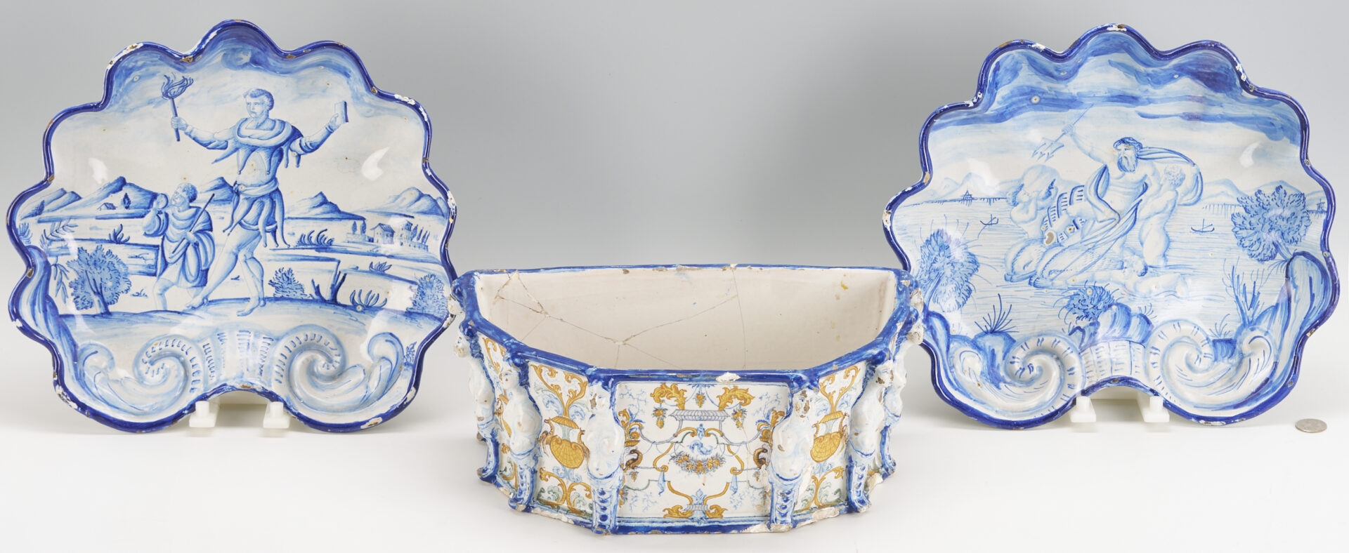 Lot 773: 2 Blue & White Majolica Shell Form Bowls plus Faience Jardiniere