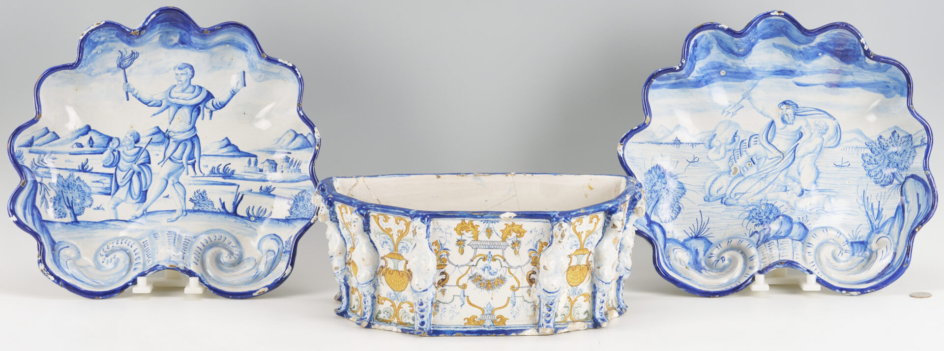Lot 773: 2 Blue & White Majolica Shell Form Bowls plus Faience Jardiniere