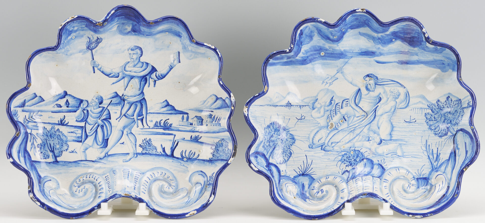 Lot 773: 2 Blue & White Majolica Shell Form Bowls plus Faience Jardiniere