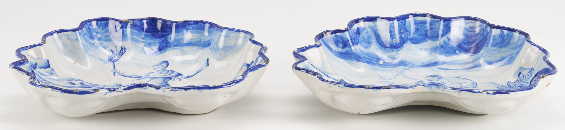Lot 773: 2 Blue & White Majolica Shell Form Bowls plus Faience Jardiniere