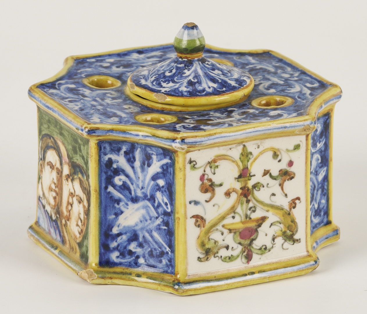 Lot 774: 3 Antique Faience Items: Albarello, Tazza, Inkwell