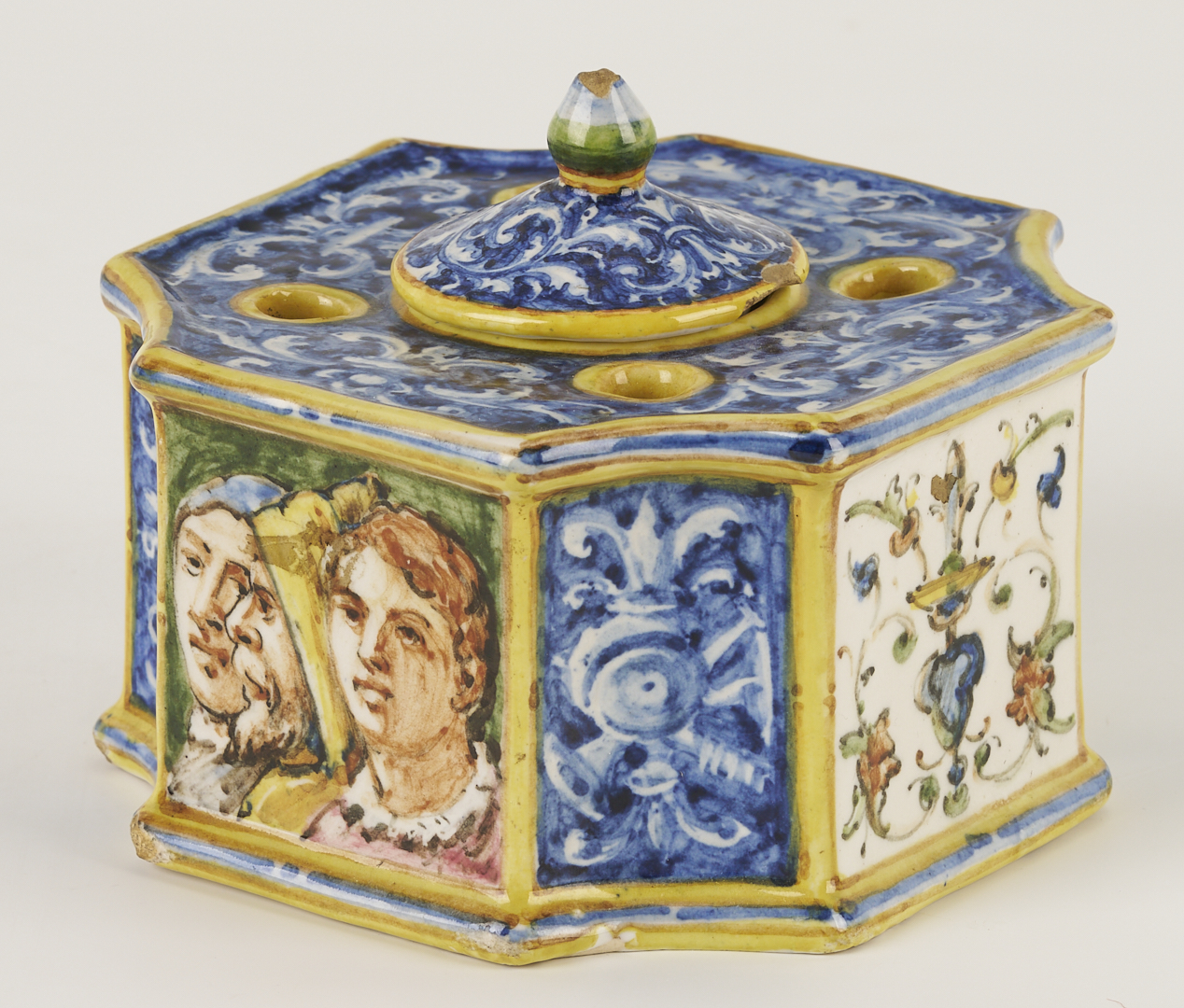 Lot 774: 3 Antique Faience Items: Albarello, Tazza, Inkwell