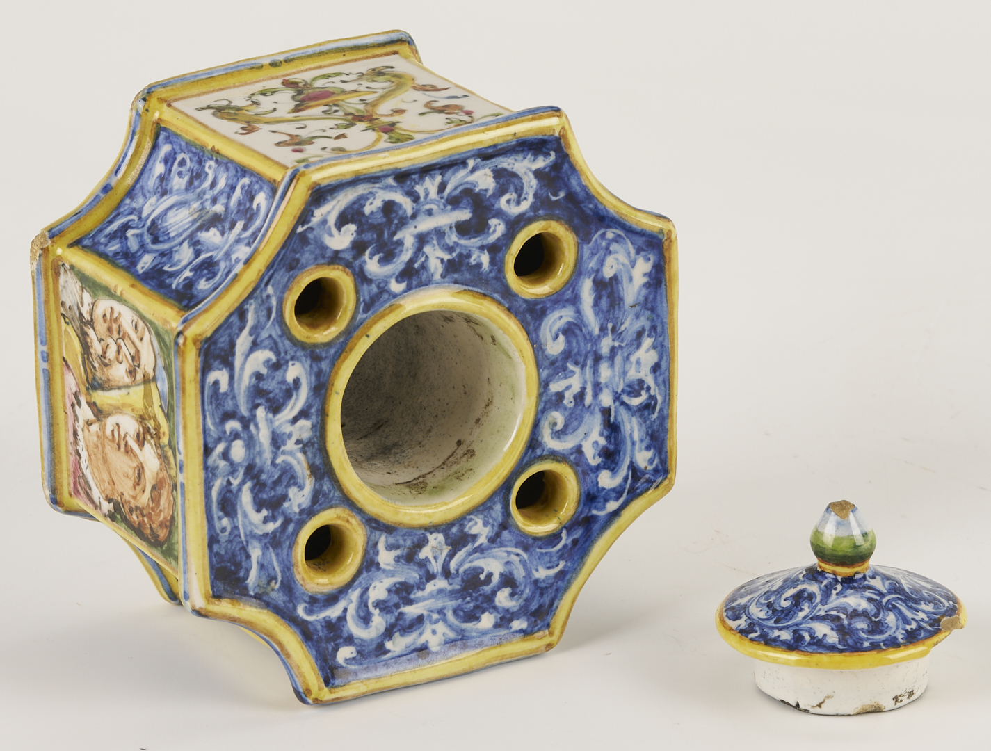 Lot 774: 3 Antique Faience Items: Albarello, Tazza, Inkwell