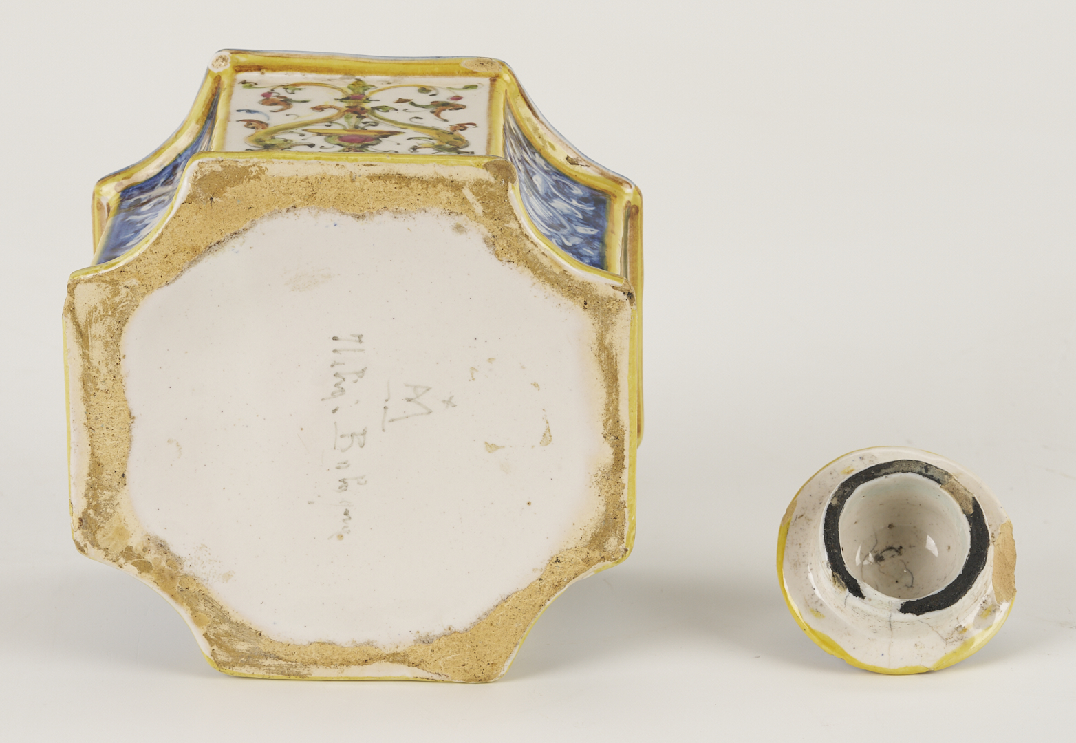 Lot 774: 3 Antique Faience Items: Albarello, Tazza, Inkwell