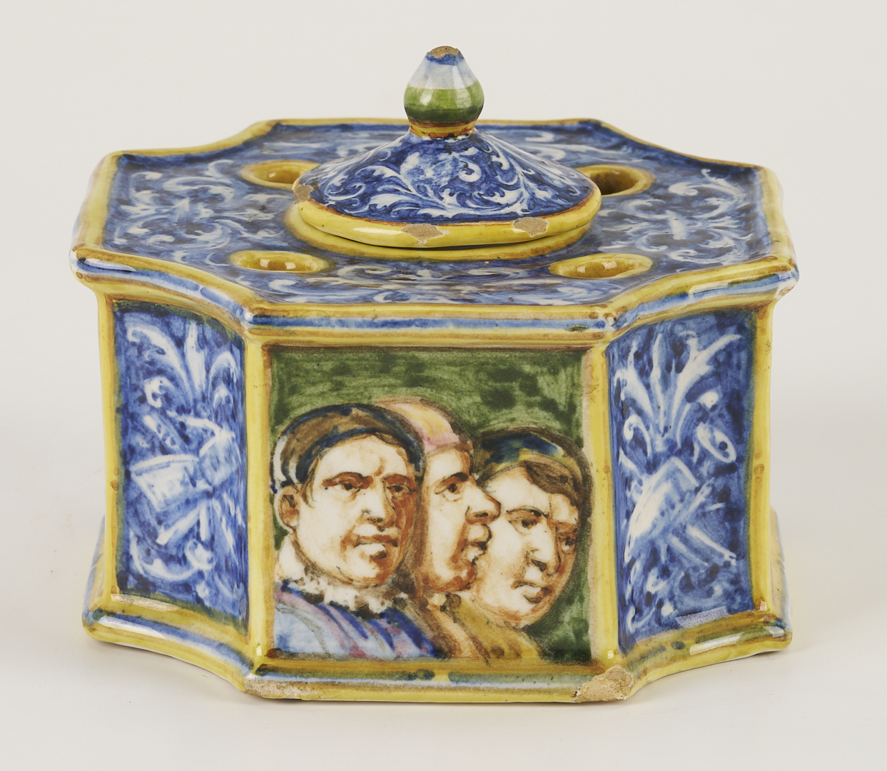 Lot 774: 3 Antique Faience Items: Albarello, Tazza, Inkwell