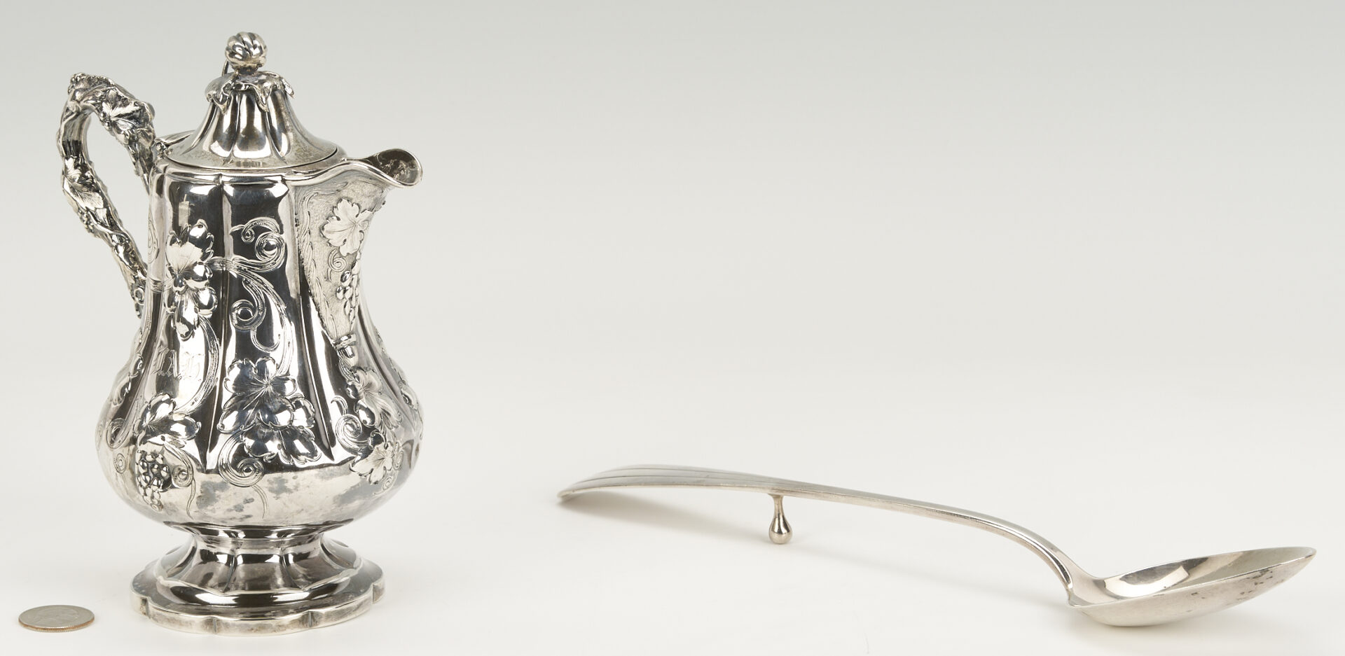 Lot 77: Coin Silver Tea Pot plus Sterling Stuffing Spoon