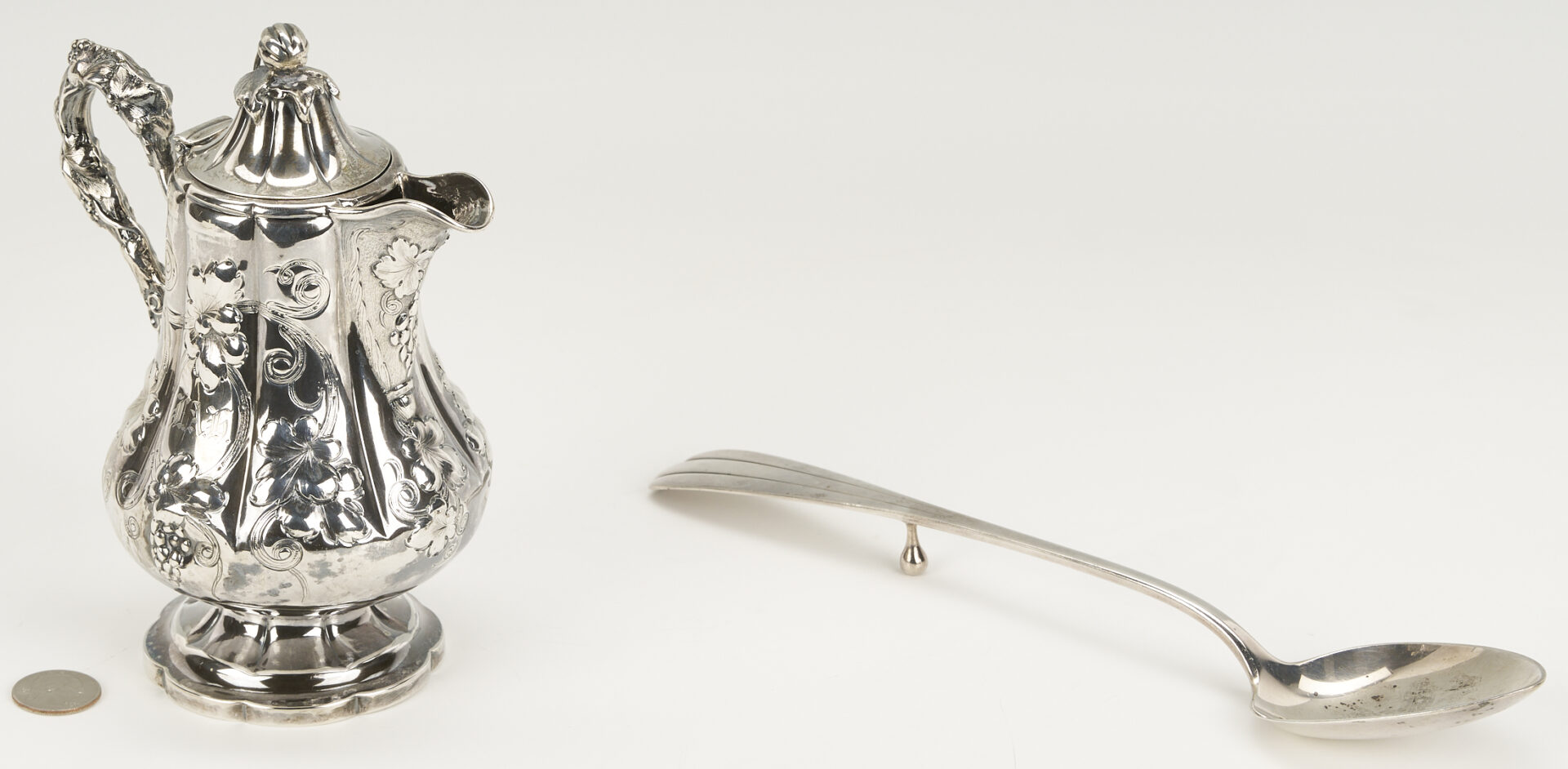 Lot 77: Coin Silver Tea Pot plus Sterling Stuffing Spoon